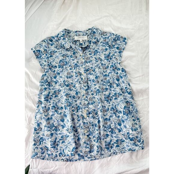 THE GREAT. The Wren Blue Floral Cotton Cap Sleeve Button Down Top size 0 or XS - Picture 12 of 14